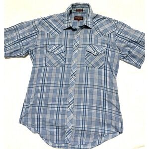 Vintage 70s Sheplers Western Shirt Size Large Blue Plaid Pearl Snap Slim Fit